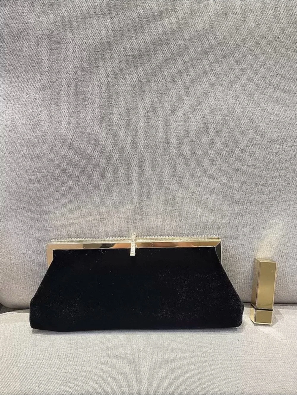 Elegant Black Velvet Clutch with Rhinestone Gold Trim